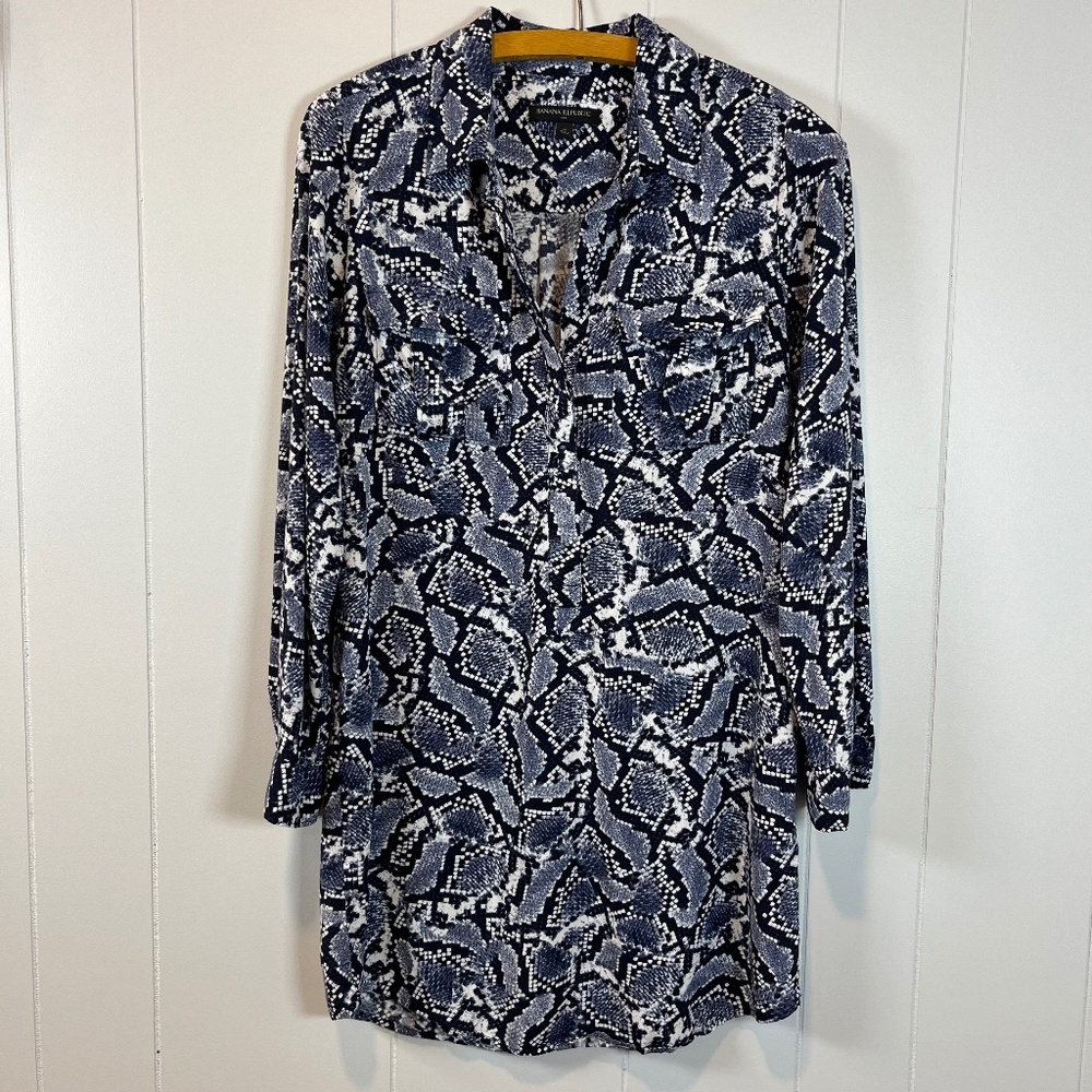 Chic Banana Republic Navy Blue Snake Skin Print Shirt Dress Tunic Women's Sz 4 - Picture 1 of 10